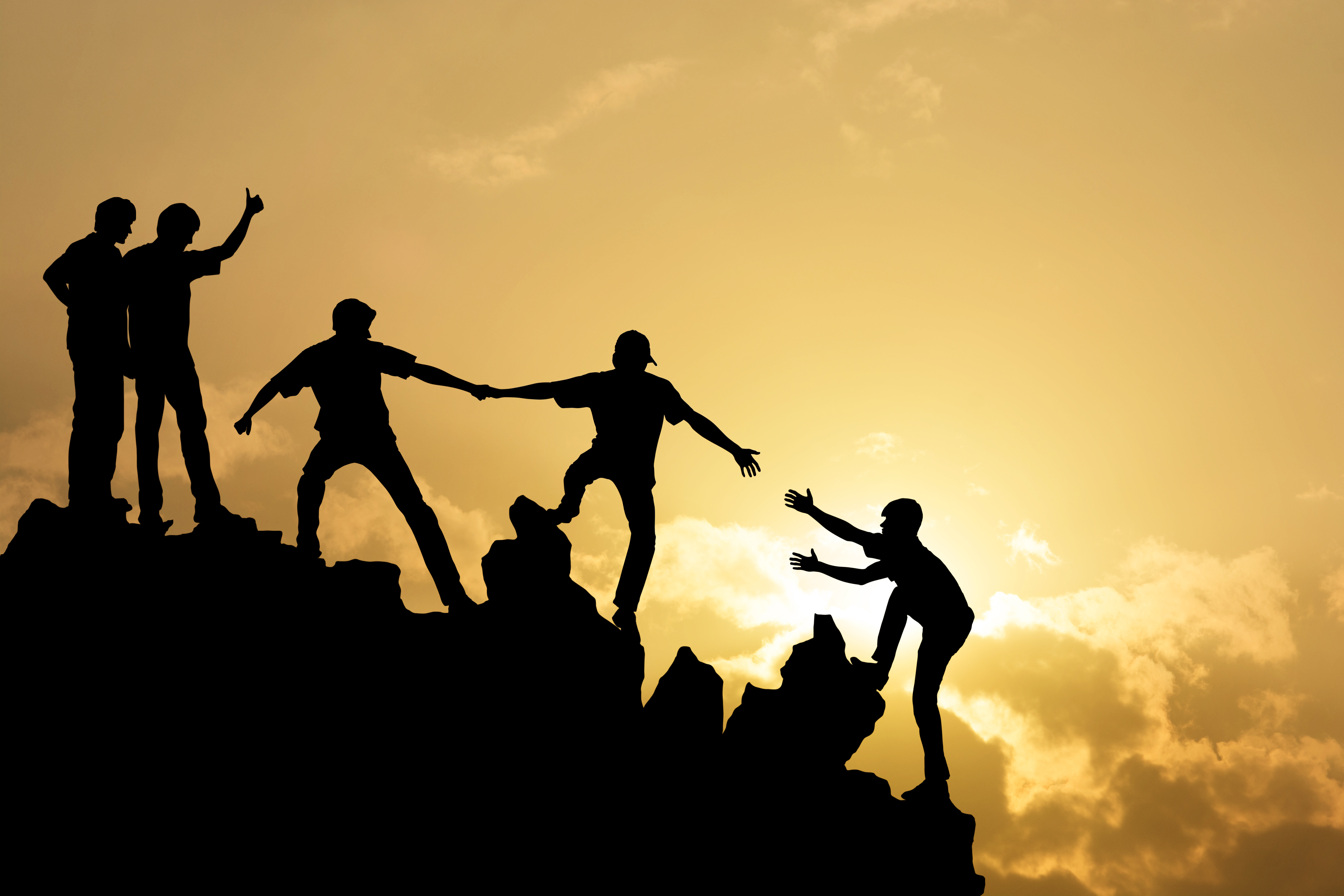 Group of people on peak mountain  climbing helping team work , success concept