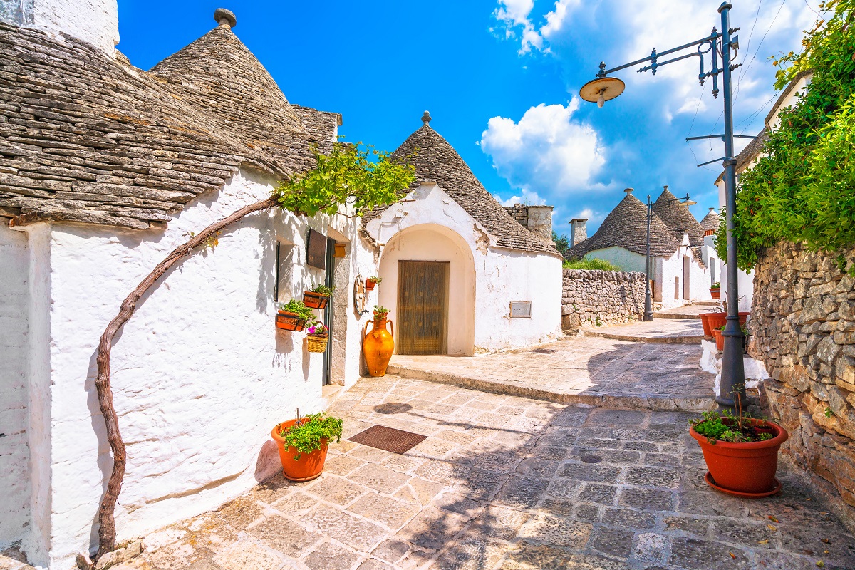 Trulli of Alberobello typical houses street view. Apulia, Italy. Europe.