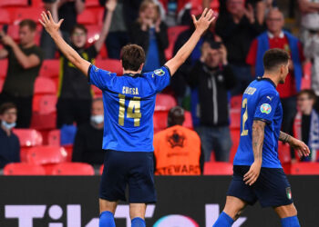 UEFA Euro 2020: Federico Chiesa festeggia dopo aver segnato il primo gol di Italia vs Austria, allo stadio di Wembley di Londra il 26 giugno 2021. 📷 Claudio Villa/Getty Images