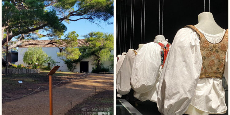 Il cortile del Compendio Garibaldino e l'esposizione di camicie di Antonio Marras al Museo Sanna