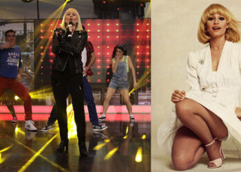 Raffaella Carrà a sinistra nel programma televisivo spagnolo "El Hormiguero" e a destra in una foto d'archivio de L'Officiel