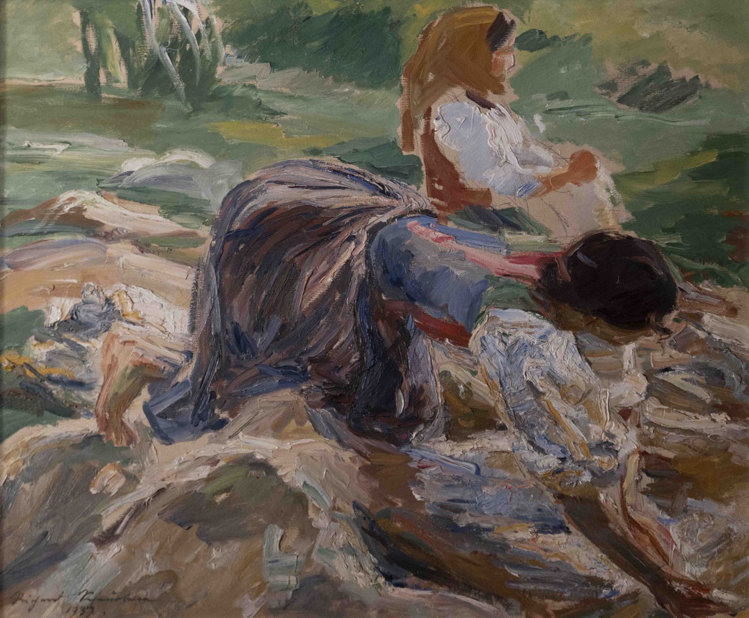 Richard Scheurlen "Lavandaie al fiume" - 1937 olio su tela