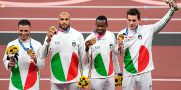 Lorenzo Patta, Marcell Jacobs, Eseosa Fostine Desalu e Filippo Tortu. 📷 FB Italia Team