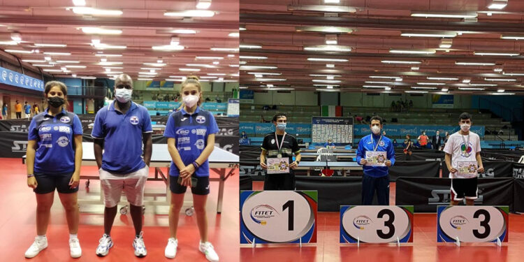 Laura Pinna e Martina Bonomo col coach Olawale, a destra Marco Poma sul podio