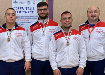 Da destra, Gavino Pazzona, Alessio Vandi, Andrea Pazzona e l’allenatore Gianni Solinas