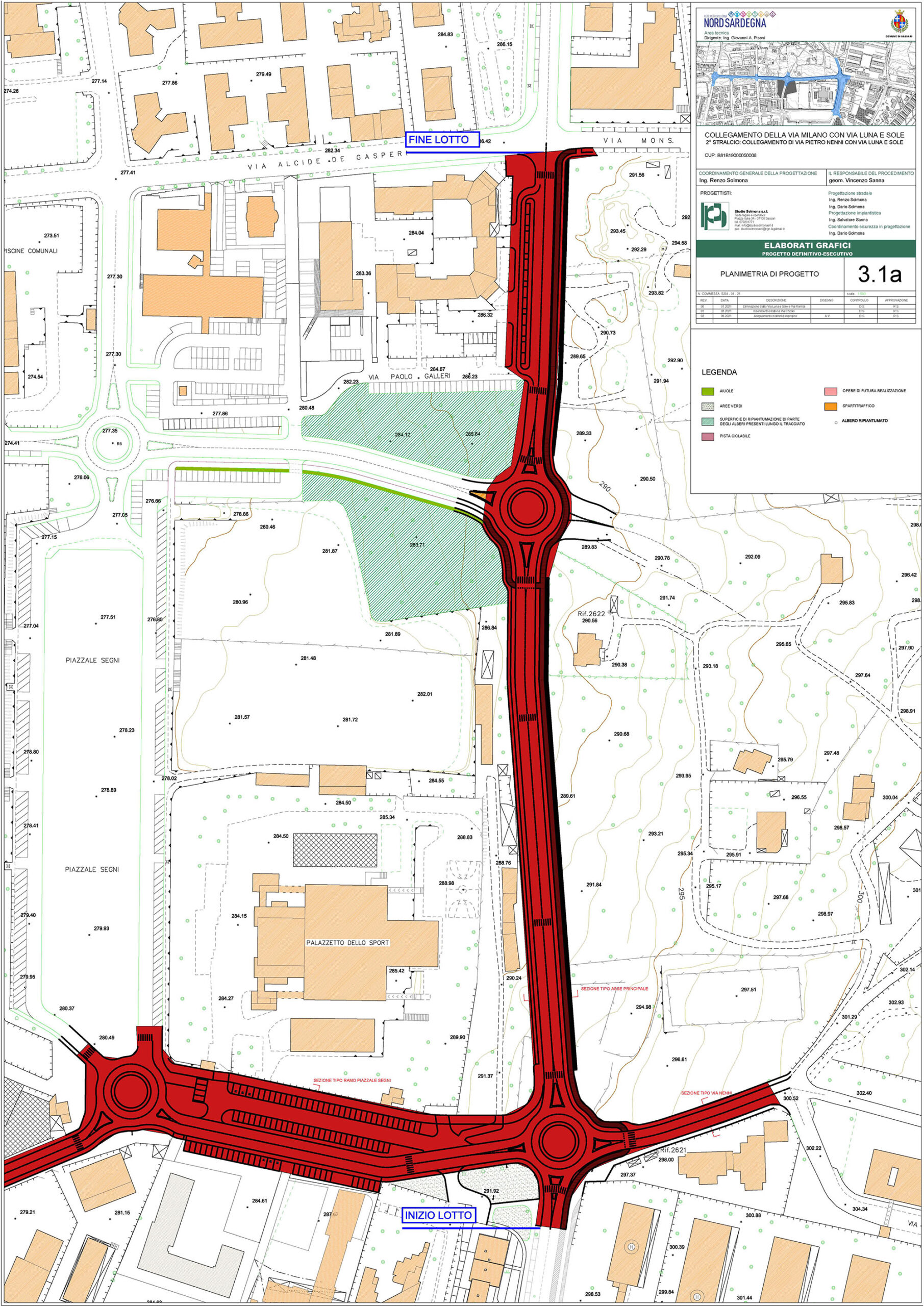 Planimetria di progetto collegamento tra via Giagu, via Nenni e via Di Vittorio. Sassari