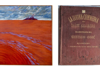 A sinistra “Girar con tutte l’acque” di Carlo Battaglia (Pinacoteca di Sassari). A destra la Divina Commedia di Giuseppe Garibaldi