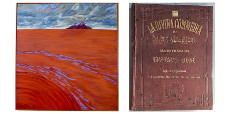 A sinistra “Girar con tutte l’acque” di Carlo Battaglia (Pinacoteca di Sassari). A destra la Divina Commedia di Giuseppe Garibaldi