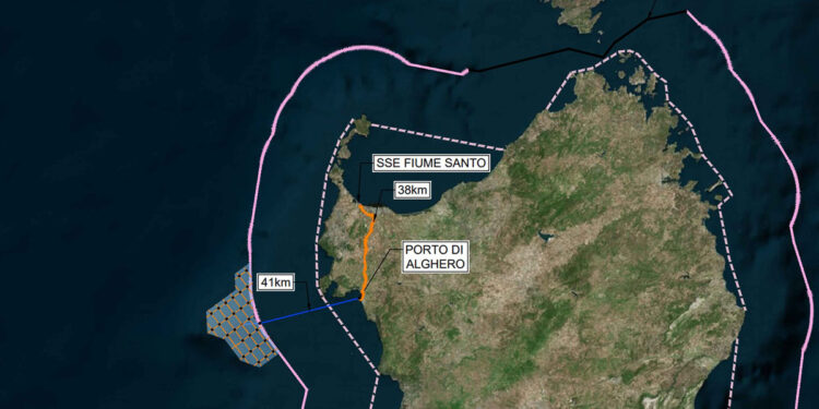 Alghero, parco eolico offshore davanti al promontorio di Capo Caccia