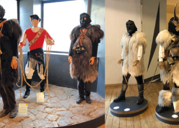 Mamuthone e Issohadore (sinistra) - Boe e Merdule (destra) al Museo delle Maschere Mediterranee di Mamoiada. ? Marco Cau