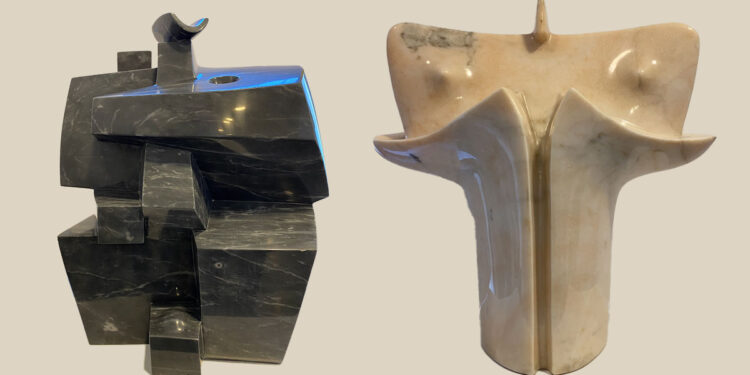 Le sculture di Costantino Nivola, da sinistra: Costruttore (figura maschile) - La danza dell'argia (figura femminile)