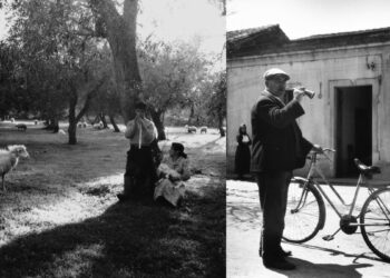 Il suonatore Giovanni Lai con la moglie Maria e il banditore di Cabras. 📷Andreas Fridolin Weis Bentzon (1958)