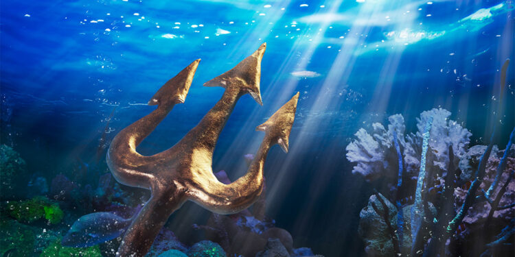 Il tridente di Poseidone sott'acqua. ? Depositphotos