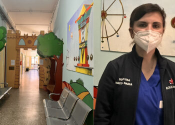 Aou Sassari: l'ingresso del Dh pediatrico e la D.ssa Nadia Vacca, Dirigente medico della Clinica pediatrica