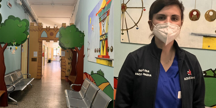 Aou Sassari: l'ingresso del Dh pediatrico e la D.ssa Nadia Vacca, Dirigente medico della Clinica pediatrica