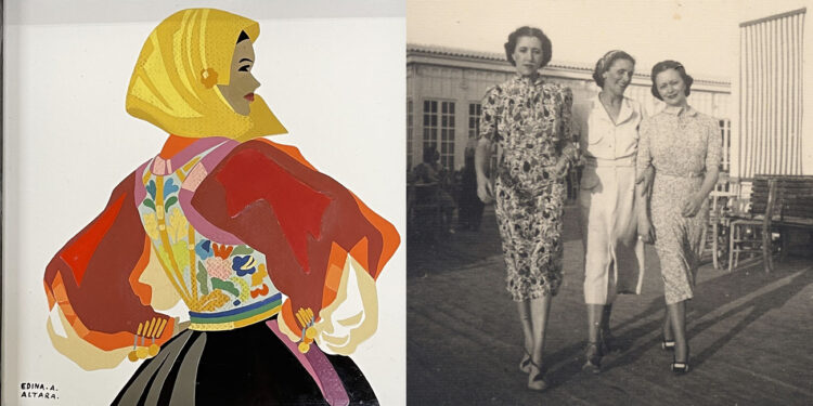 A sinistra una Mattonella decorata a freddo da Edina Altara, a destra Iride, Lavinia ed Edina (Cagliari, agosto 1937)