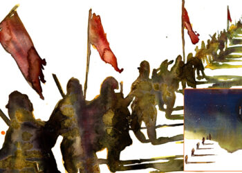 "Nella notte ci guidano le stelle - Canti per la resistenza". Sullo sfondo un dipinto di Beppe Stasi