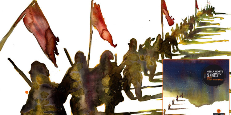 "Nella notte ci guidano le stelle - Canti per la resistenza". Sullo sfondo un dipinto di Beppe Stasi