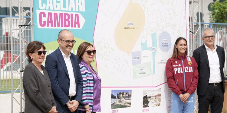 Il Sindaco Truzzu tra le Assessore allo Sport e ai Lavori Pubblici e l'atleta Dalia Kaddari con Massimo Santoru