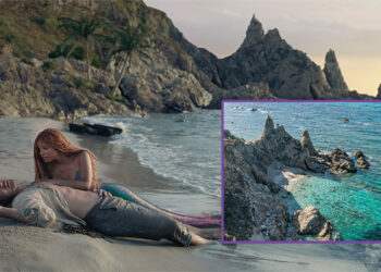 Ariel (Halle Bailey) ed Eric (Jonah Hauer-King) sulla spiaggia di Rena Majori, “La Sirenetta”. ? ©Disney