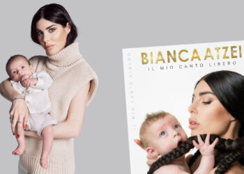 Bianca Atzei con il figlio Alexander Noa e la cover dell'album “Il mio canto libero”