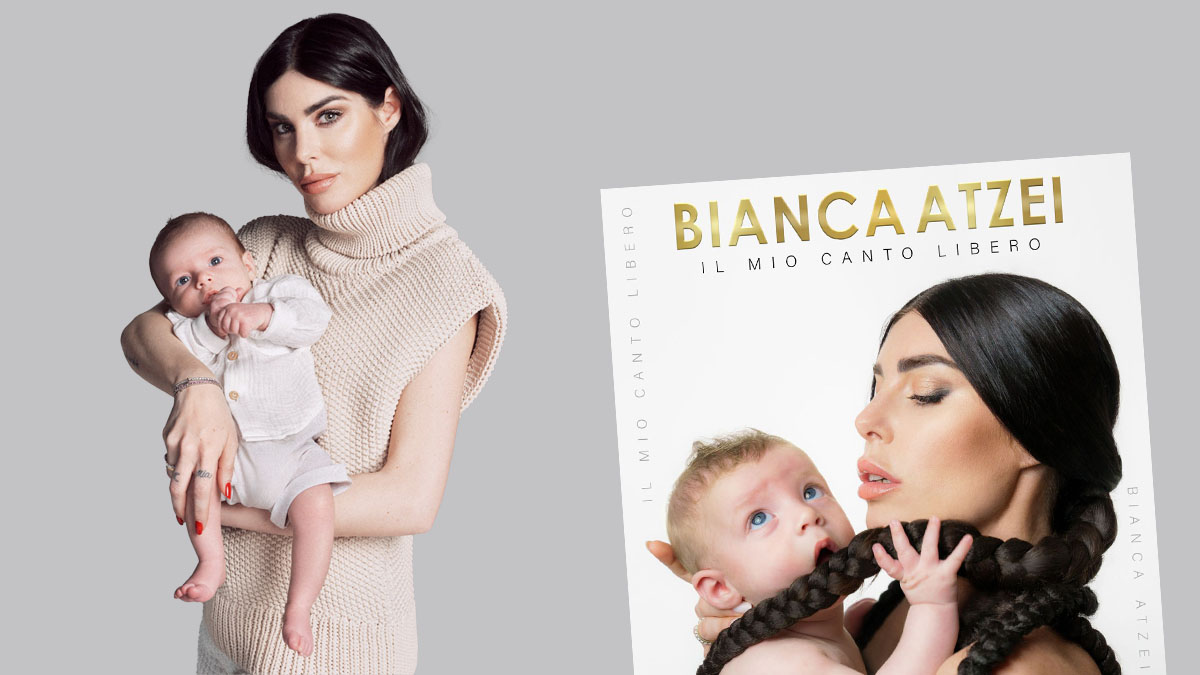 Bianca Atzei con il figlio Alexander Noa e la cover dell'album “Il mio canto libero”
