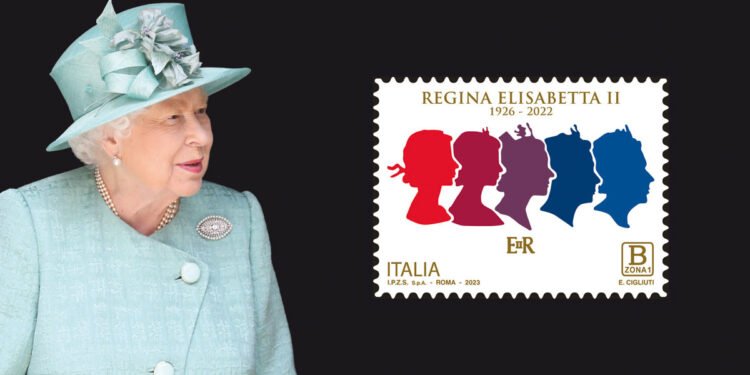 La Regina Elisabetta II e il francobollo commemorativo emesso il 12 settembre 2023