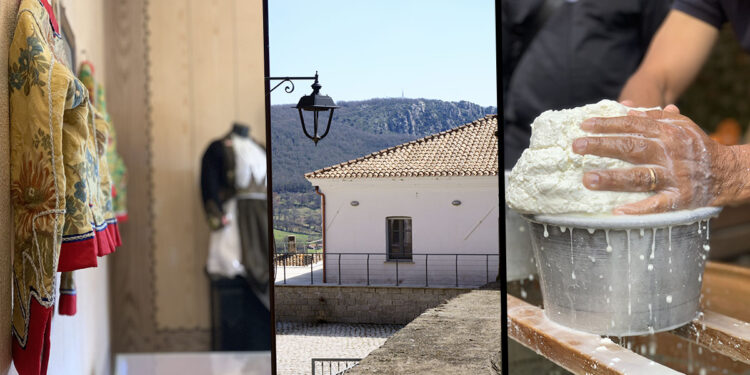 Gavoi: abiti tradizionali, scorcio del centro storico e lavorazione Fiore Sardo. ? Francesca Zedda