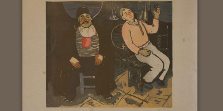 Giuseppe Biasi: "In cantina" (linoleografia a colori del 1932)