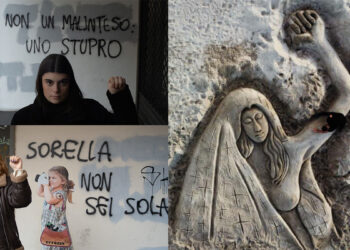 Da sinistra, manifestazione contro il femminicidio a Padova (foto Mattia Faedda) e scultura sulla sabbia dell'artista nuorese Nicola Urru (Land Art de Rena)