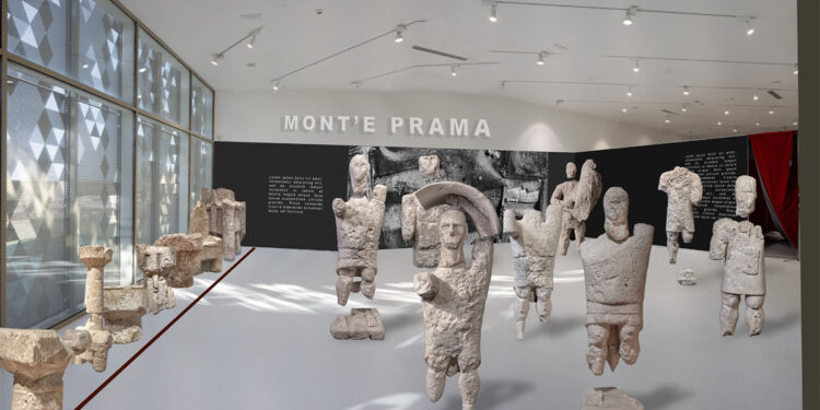 Rendering esposizione temporanea giganti di Mont’e Prama, sala paesaggio del Museo Civico di Cabras