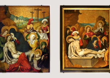 Pietro Cavaro, Deposizione e Seppellimento di Cristo dal Retablo della Vergine dei Sette Dolori, Pinacoteca Nazionale di Cagliari. ? Sailko - Opera propria, CC BY 3.0