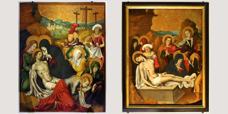 Pietro Cavaro, Deposizione e Seppellimento di Cristo dal Retablo della Vergine dei Sette Dolori, Pinacoteca Nazionale di Cagliari. ? Sailko - Opera propria, CC BY 3.0