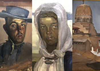 “Confratello oristanese” (1933 ca.), particolare di “Uscita dalla chiesa” (1910-11) e “Moschea” (1924-26), di Giuseppe Biasi