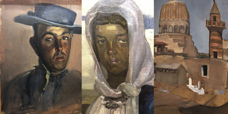 “Confratello oristanese” (1933 ca.), particolare di “Uscita dalla chiesa” (1910-11) e “Moschea” (1924-26), di Giuseppe Biasi