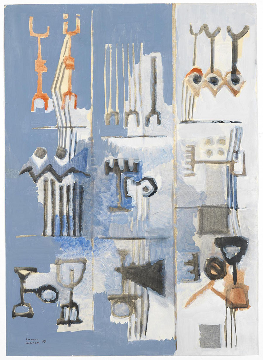 Mauro Manca "Composizione 2" (1957, tempera su carta, 70 x 50 cm). Collezione Fondazione di Sardegna