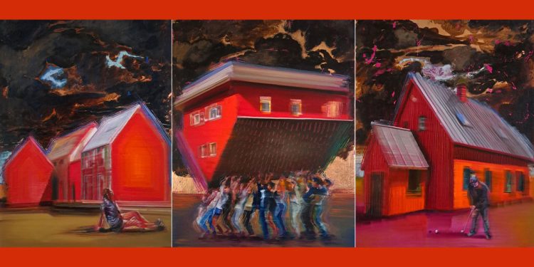 Salvatore Alessi, “Exodus”. Trittico (3 pezzi 60x45), rame ossidato e olio su tela di lino