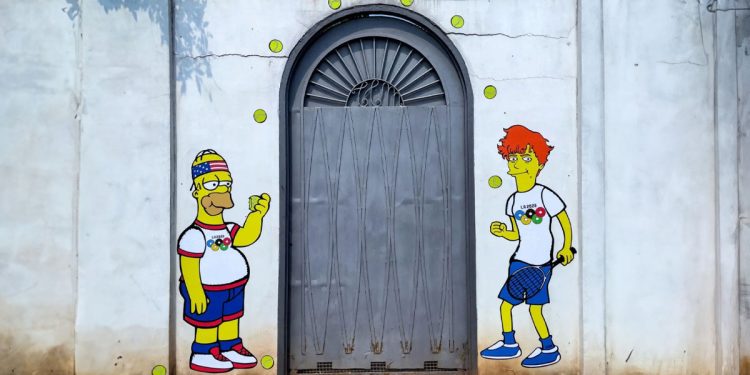 Jannik Sinner e Homer Simpson nel murale di aleXsandro Palombo