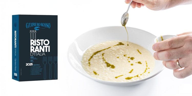 Il risotto, acqua di pomodoro e estratto di mirto di Arieddas a Sanluri, premiato con Tre Gamberi