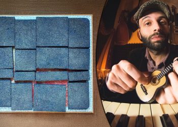 Un'opera di Cesare Dattena e il musicista Luca Spano Desogus