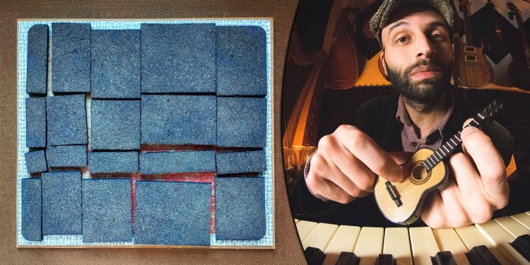 Un'opera di Cesare Dattena e il musicista Luca Spano Desogus