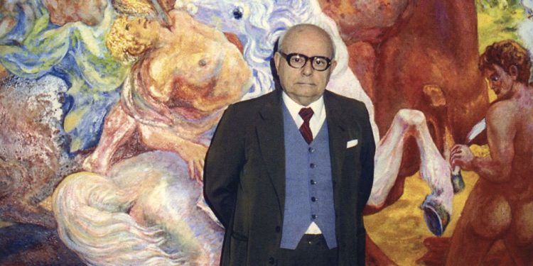 Aligi Sassu davanti alla sua opera Battaglia dei tre cavalieri, 1975/89 olio su tela; 260 × 260 cm. ? Archivio Aligi Sassu