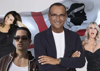 Carlo Conti con Geppi Cucciari (? Daniela Zedda), Mahmood (? Giulia Bersani) e Katia Follesa