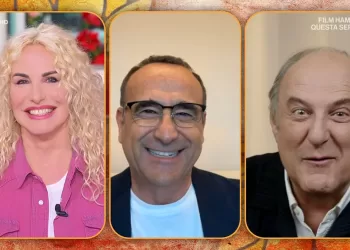 Carlo Conti insieme ad Antonella Clerici e Gerry Scotti