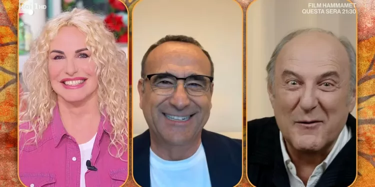 Carlo Conti insieme ad Antonella Clerici e Gerry Scotti