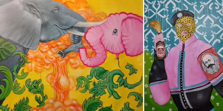 Due opere di Riccardo Camboni, da sinistra: “Senza Titolo”, acrilico su tela 98x80 (2024) e “Wild Boys”, acrilico su tela 150x100 (2023)