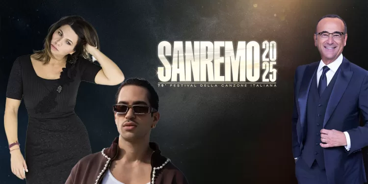 Carlo Conti con Geppi Cucciari (? Daniela Zedda) e Mahmood (? Giulia Bersani)