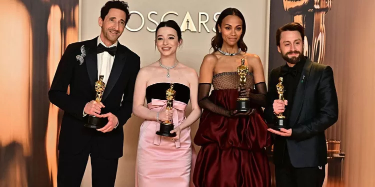 Da sinistra: Adrien Brody, Mikey Madison, Zoe Saldana e Kieran Culkin. ? Afp