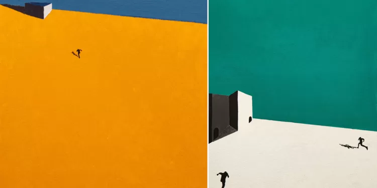 Due opere di Walter Marchionni: "Se penso che ho ritrovato il giallo!!" (t.m. su tela cm 70x70) e "Quando arrivi... aspettami! perchè ho bisogno di te" (t.m. su tela cm 80x100)