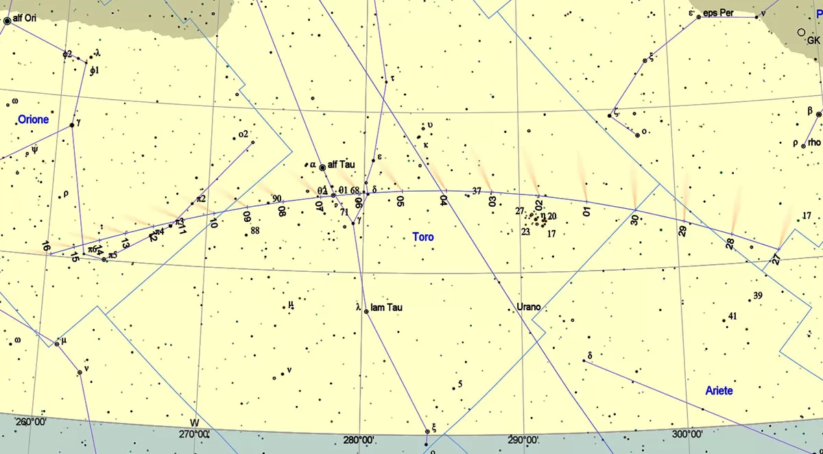 Il percorso in cielo della cometa Swan al tramonto alle 21 ora locale, fra il 27 aprile e il 16 maggio 2025. ? A. Carbognani/Inaf